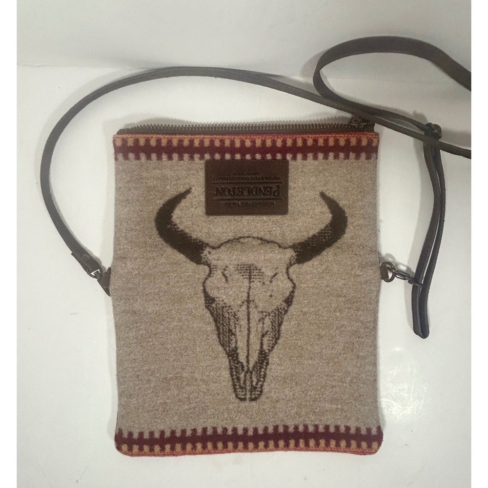 Pendleton Wool Leather Crossbody Bag Steer Skull Southwestern Foldover Clutch - Picture 3 of 10